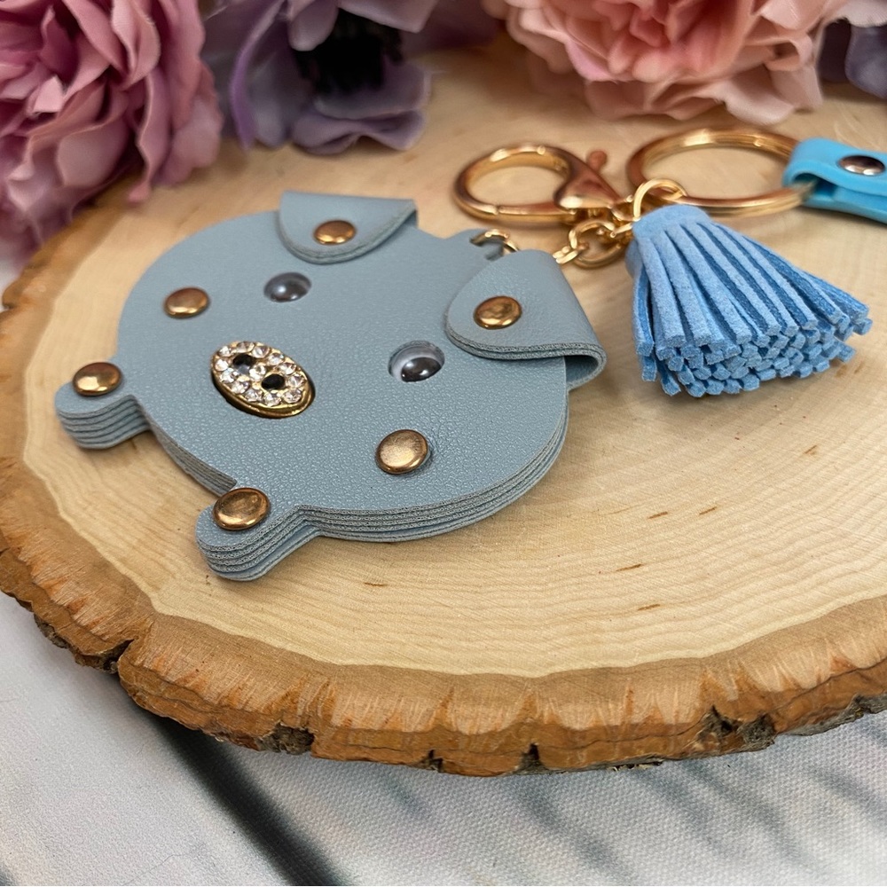 Dusty Blue Pig Keychain with Tassel and Wristband - Picture 3 of 7